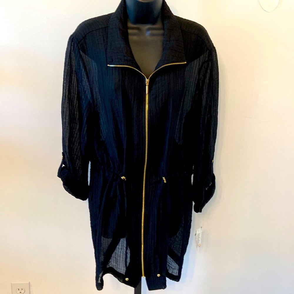 Kasper NWT Transparent Black Gauzy Gold Zip Up Jacket/Cover Up Size Large